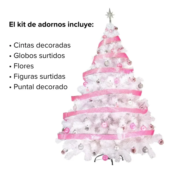Arbol De Navidad Blanco Montañes Deluxe 1,80mts + Kit Rosa