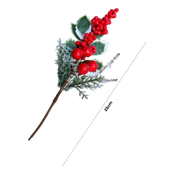 Vara Pick Navideño Decorativo Frutos Rojos Muérdago Nevado Rojo
