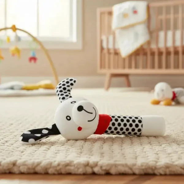 Sonajero Peluche Perrito Para Bebé Con Chifle Blanco Y Negro Blanco Y Negro
