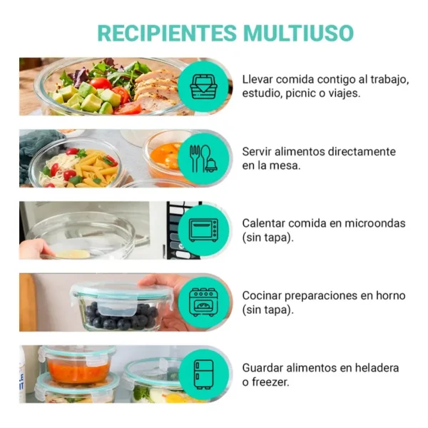 Set X6 Tuppers Contenedores Herméticos Vidrio Horno Freezer Transparente
