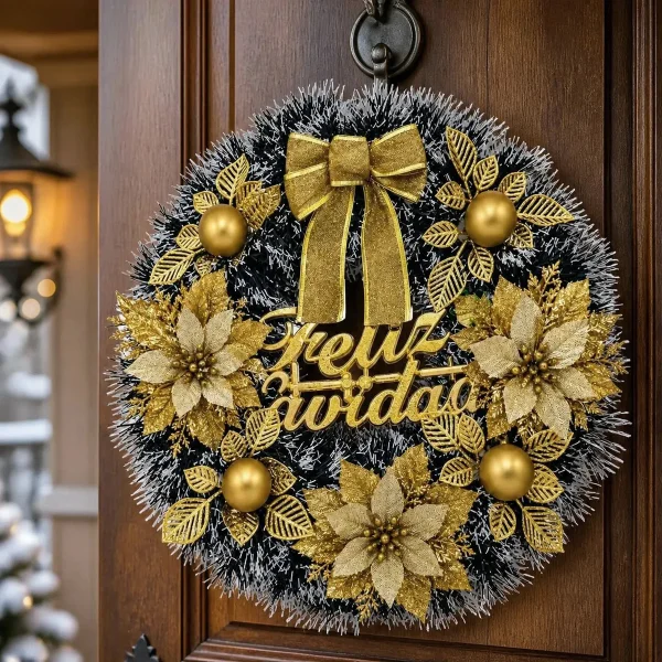 Corona Navidad Decoración Navideña Adorno Nevado Deco 40cm Oro