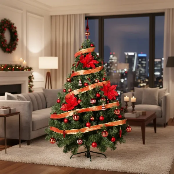 Arbol de Navidad Verde Montañes Deluxe 1,50mts + Decoracion Rojo