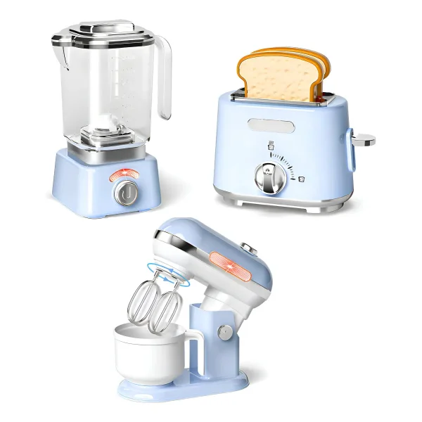 Juego De Cocina Electrodomésticos X3 Piezas Con Luz Y Sonido Color Celeste
