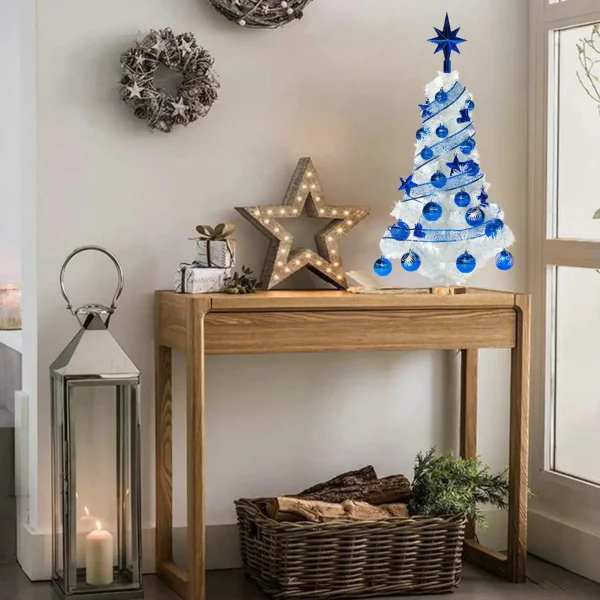 Arbolito De Navidad Blanco 80cm Con Adornos 30 Piezas Azul Blanco Y Azul