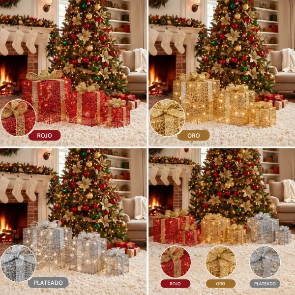Cajas De Regalo Set X3 Decoración Adorno Navidad Con Moño Oro