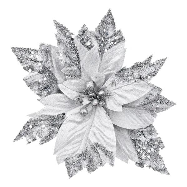 Flor Navideña 32cm Con Brillo Terciopelo Adorno Pick Navidad Plateado