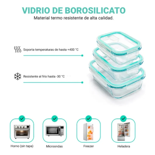Tupper Contenedor Hermético Vidrio Set X3 Microondas Freezer Transparente