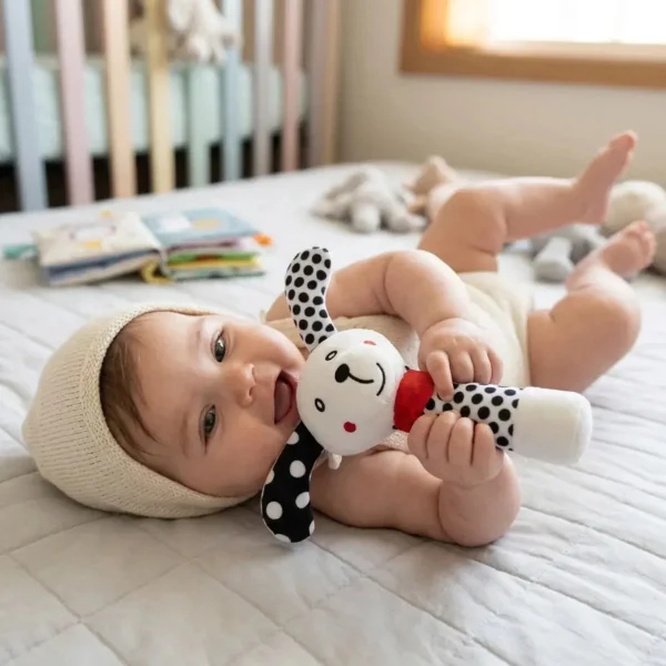 Sonajero Peluche Perrito Para Bebé Con Chifle Blanco Y Negro Blanco Y Negro