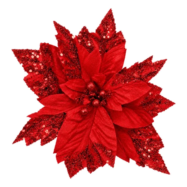 Flor Navideña 32cm Con Brillo Terciopelo Adorno Pick Navidad Rojo