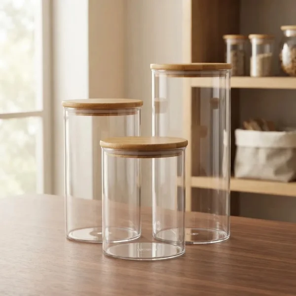 Frasco Contenedor Acrílico Con Tapa Hermético Bambú 1000ml Transparente