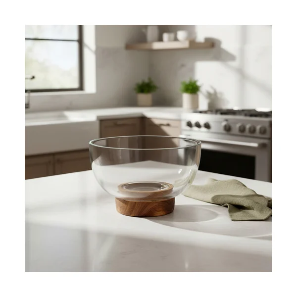 Bowl Vidrio Ensaladera Recipiente Con Base De Madera 16cm Color Transparente