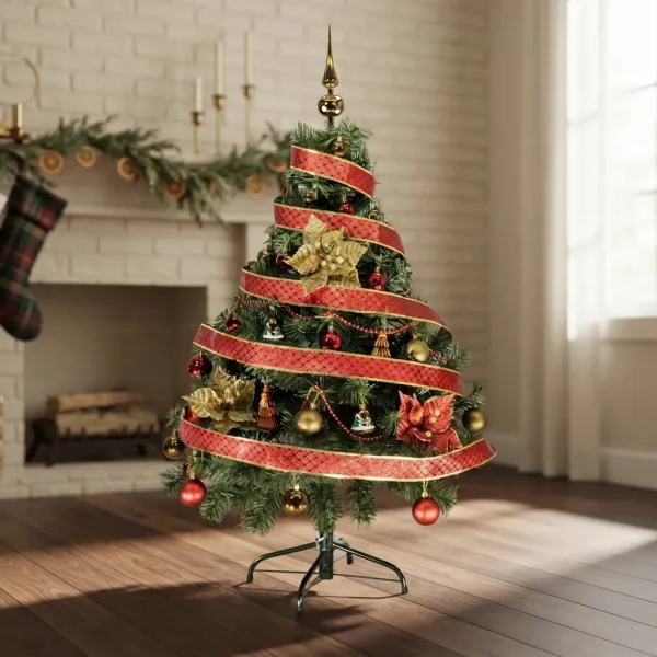 Arbol Navidad Tronador Verde 1,20mts + Kit 30 Rojo Oro