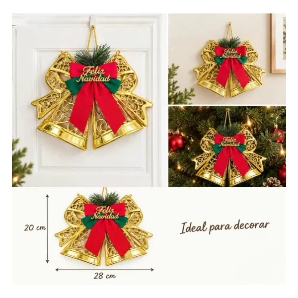 Campanas Caladas Deco Navidad Adorno Arbolito Puerta 28x20cm Dorado