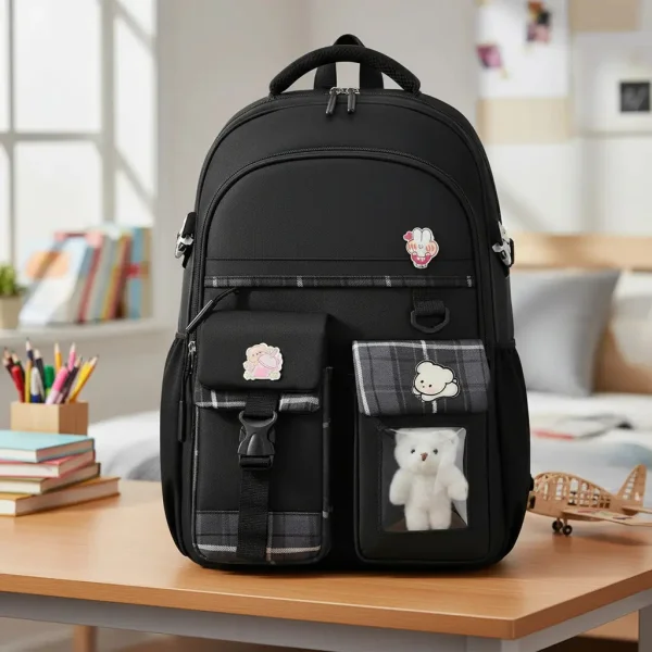 Mochila Escolar Infantil Colegio Urbana Reforzada Para Niñas Color Negro Diseño De La Tela Liso