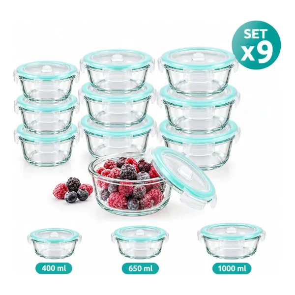 Set X9 Tuppers Contenedores Herméticos Vidrio Horno Freezer Transparente