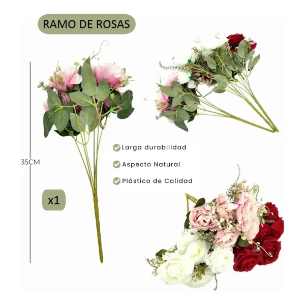 Ramo De Rosas Flores Artificiales 35cm Decoracion X3 Rosa Viejo