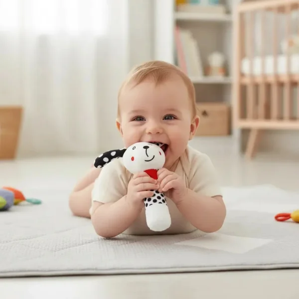 Sonajero Peluche Perrito Para Bebé Con Chifle Blanco Y Negro Blanco Y Negro