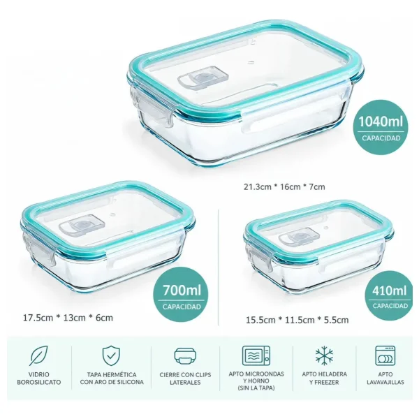 Tupper Recipiente Hermético Vidrio Set X9 Microondas Freezer Transparente