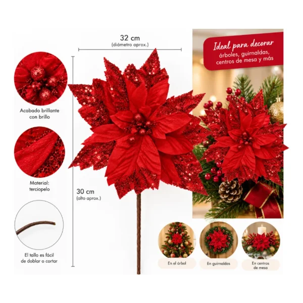 Flor Navideña 32cm Con Brillo Terciopelo Adorno Pick Navidad Plateado