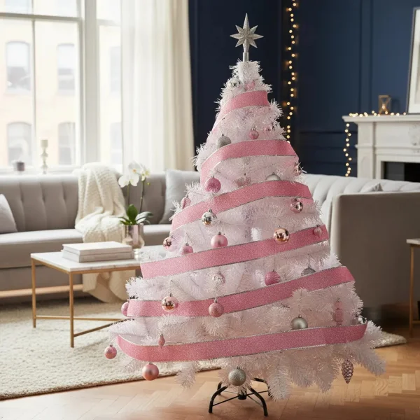 Arbol de Navidad Blanco  Montañes Deluxe 1,30mts Decorado Rosa