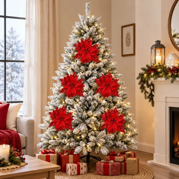 Flor Navideña 32cm Con Brillo Terciopelo Adorno Pick Navidad Rojo