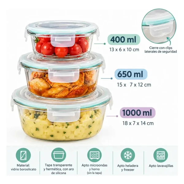 Set X3 Tuppers Contenedores Hermeticos Vidrio Horno Freezer Transparente