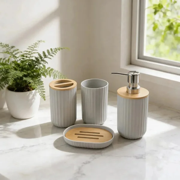 Set Accesorios Baño Kit 4 Piezas Dispenser Plastico Bambu Negro