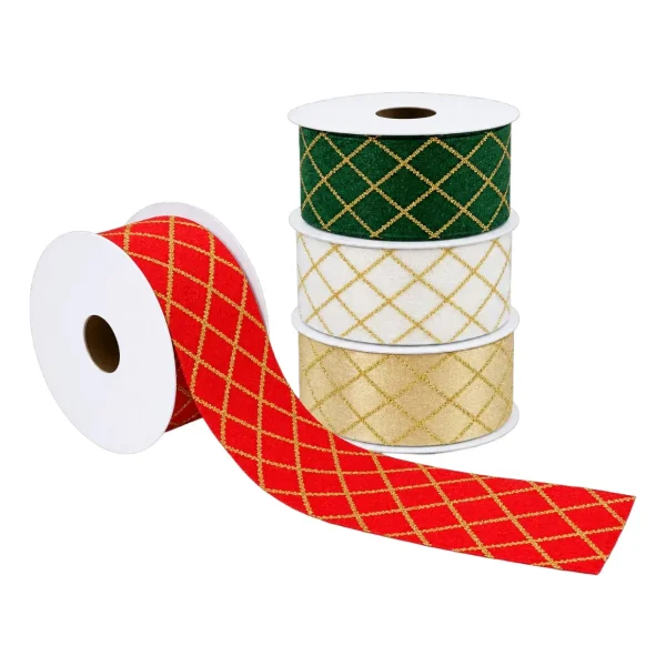 Cinta Navideña Terciopelo Rombos Dorados 3,5cm X 2,7m Adorno Rojo