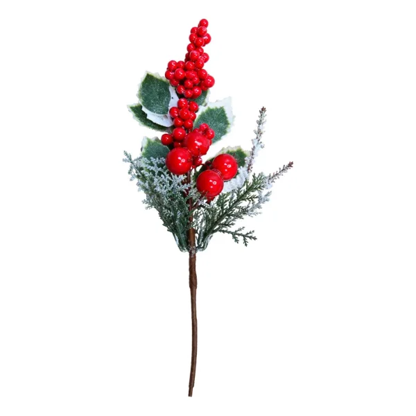 Vara Pick Navideño Decorativo Frutos Rojos Muérdago Nevado Rojo