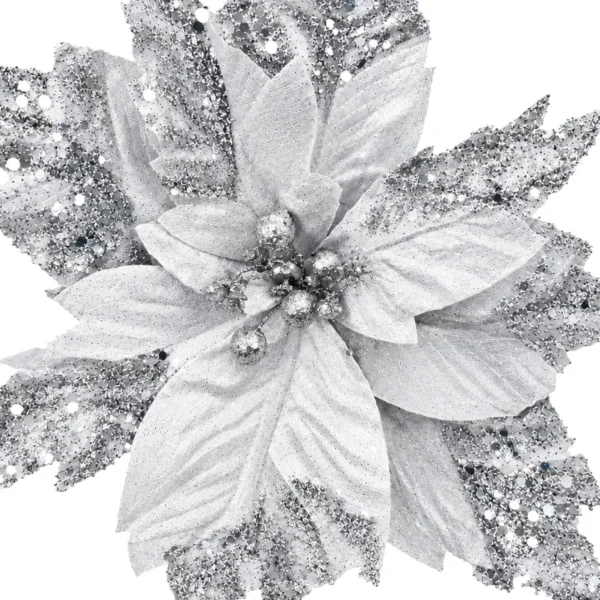 Flor Navideña 32cm Con Brillo Terciopelo Adorno Pick Navidad Plateado