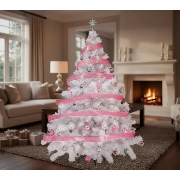 Arbol De Navidad Blanco Montañes Deluxe 1,80mts + Kit Rosa