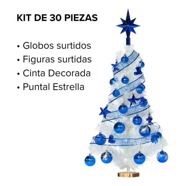 Arbolito De Navidad Blanco 80cm Con Adornos 30 Piezas Azul Blanco Y Azul