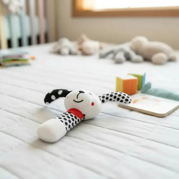 Sonajero Peluche Perrito Para Bebé Con Chifle Blanco Y Negro Blanco Y Negro