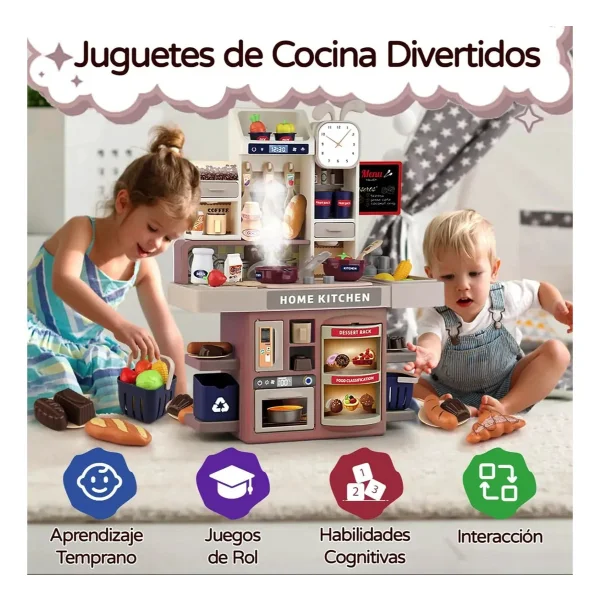 Cocinita Juguete Infantil Con Vapor Agua Luz Mas Accesorios Rosa Nude