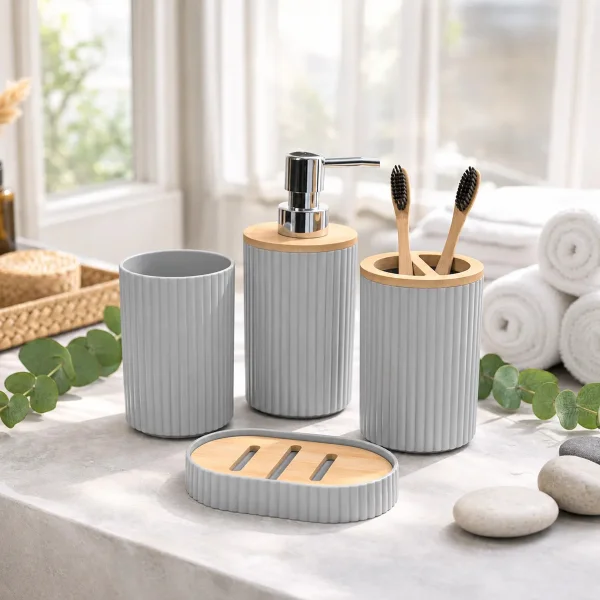 Set Accesorios Baño Kit 4 Piezas Dispenser Plastico Bambu Gris