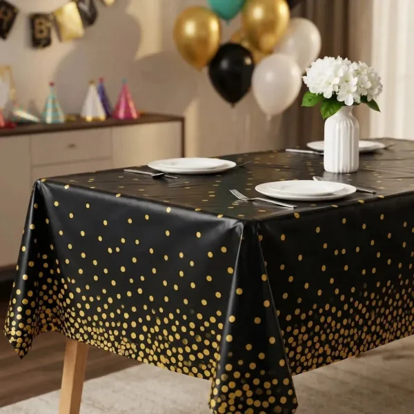 Mantel Metalizado Rectangular Pack 2 Deco Cumpleaños Fiestas Negro Lunares
