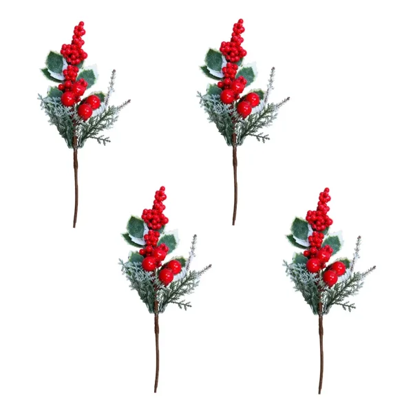 Vara Pick Navideño Decorativo Frutos Rojos Muérdago Nevado Rojo