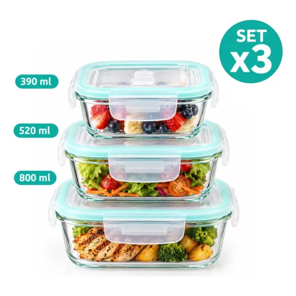 Set X3 Tuppers Recipientes Herméticos Vidrio Horno Freezer Transparente