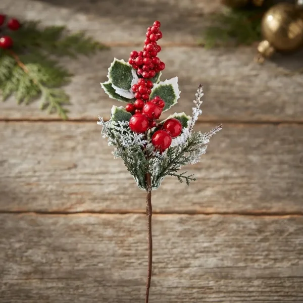Vara Pick Navideño Decorativo Frutos Rojos Muérdago Nevado Rojo
