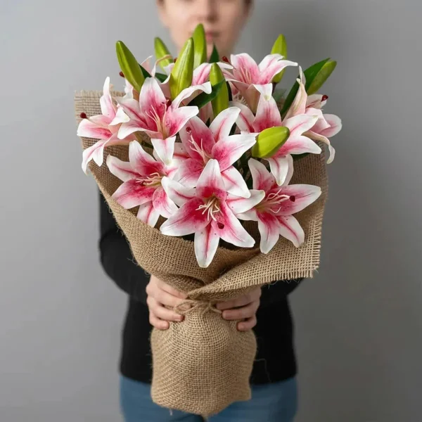 Ramo De Flores Lirios Artificiales Lilium Toque Real 36cm Blanco