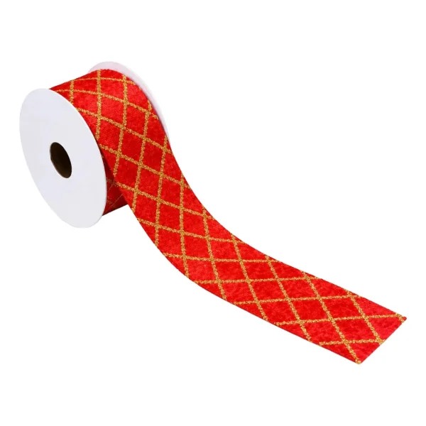 Cinta Navideña Terciopelo Rombos Dorados 3,5cm X 2,7m Adorno Rojo
