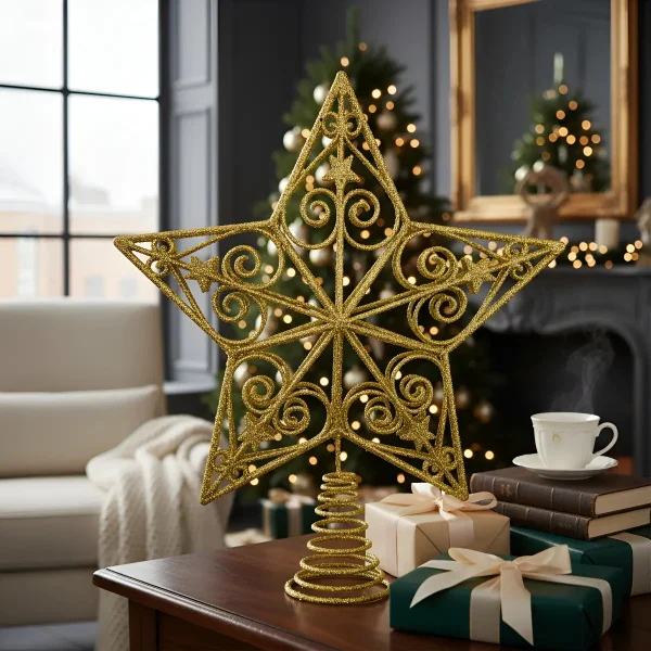 Puntal Estrella Adorno Para Árbol De Navidad 25cm Dorado Oscuro Puntal Estrella