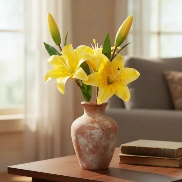Ramo De Flores Lirios Artificiales Lilium Toque Real 36cm Amarillo