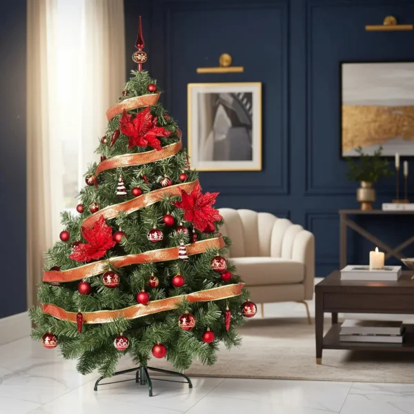 Arbol de Navidad Verde Montañes Deluxe 1,50mts + Decoracion Rojo