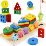 Juego Pesca + 4 Torres Encastre Madera Didactico Iman Peces Color Multicolor Tienda Cracovia Juguete 2 En 1