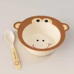 Set Vajilla Infantil Mono 5pzs Plato Vaso Cubiertos De Bambu Color Marrón