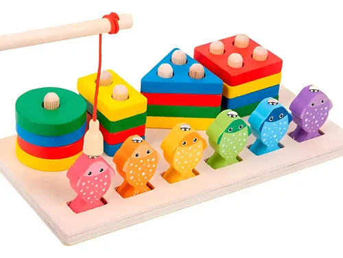 Producto Juego Pesca + 4 Torres Encastre Madera Didactico Iman Peces Color Multicolor Tienda Cracovia Juguete 2 En 1 Imagen