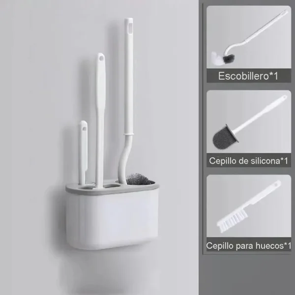 Set Escobillas Baño 3 En 1 Silicona Base Soporte Adhesivo Peltre