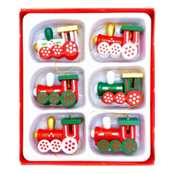 Adorno Navideño Locomotora Decoracion De Madera Colgante X6 Rojo Locomotora Colgante