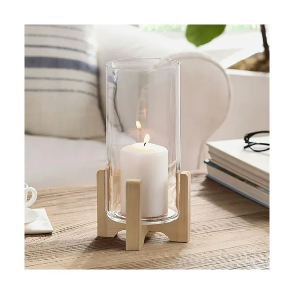 Portavela Jarrón De Vidrio Grande Con Base De Madera 34cm